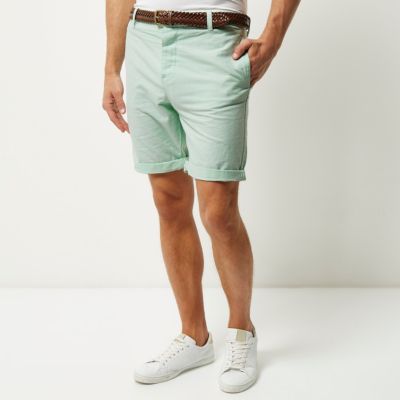 Green Oxford belted shorts